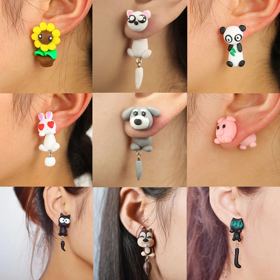 Handmade Polymer Clay Animal Stud Earrings For Women Cute 3D Cartoon