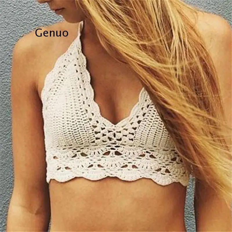 

2021 New Crop Top Sexy Women Summer Backless Crochet Top Knit Beach Knitting Halter Cami Tank Crop Top S / M / L / Xl Hot