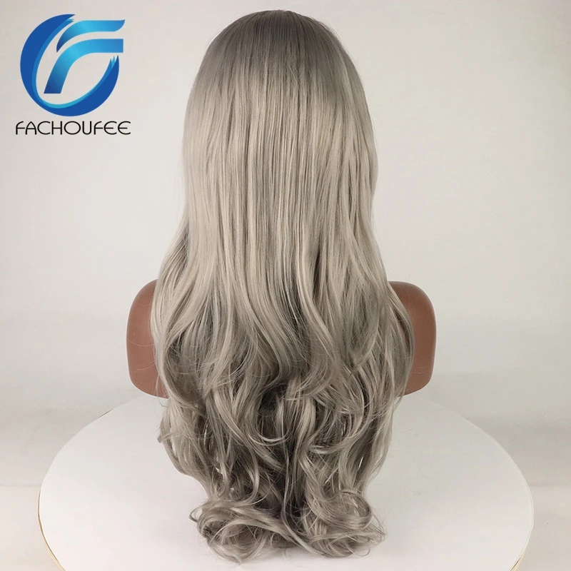 FACHOUFEE темно-серый синтетические волосы на кружеве парики с Nautral Hairline длинные объемные волны реалистичный бесклеевой парик шнурка для женщин