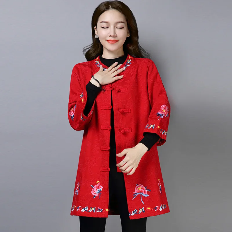 

6967 Photo Shoot 2018 Autumn New Style Ethnic Embroidery Coat Women's Stand Collar Frog Jacquard Tops Large Size Dress