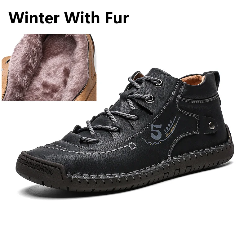 Модные мужские ботинки; кожаная зимняя обувь на меху; мужские резиновые ботильоны; zapatos hombre Botas; качественная обувь; большие размеры 48 - Цвет: Black Fur