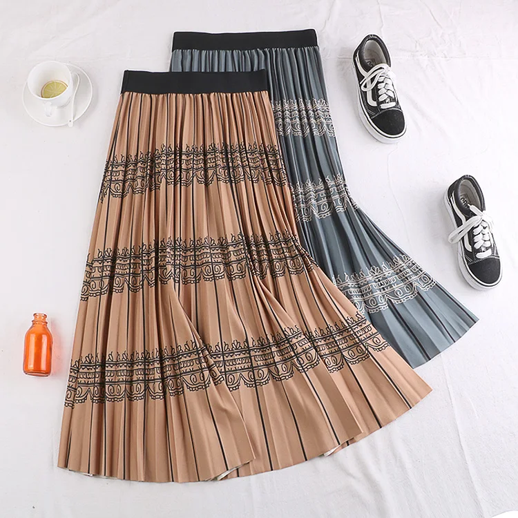 Синяя, хаки, кофейная, черная, гибкая, эластичная, с высокой талией, миди, в полоску, с принтом, миди, плиссированная юбка для женщин, женские юбки, национальная