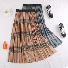 Синяя, хаки, кофейная, черная, гибкая, эластичная, с высокой талией, миди, в полоску, с принтом, миди, плиссированная юбка для женщин, женские юбки, национальная