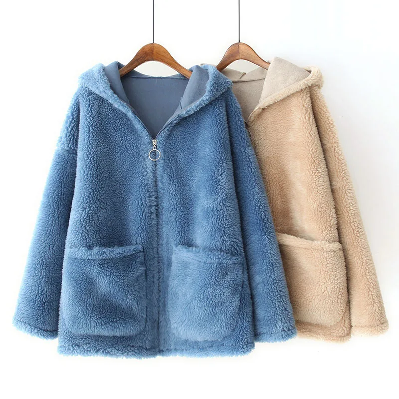 Blvyisla 3XL Большие размеры шерстяные искусственный мех Утепленные Пальто для женщин простой стиль двойной карман на молнии зимние теплые топы с капюшоном верхняя одежда