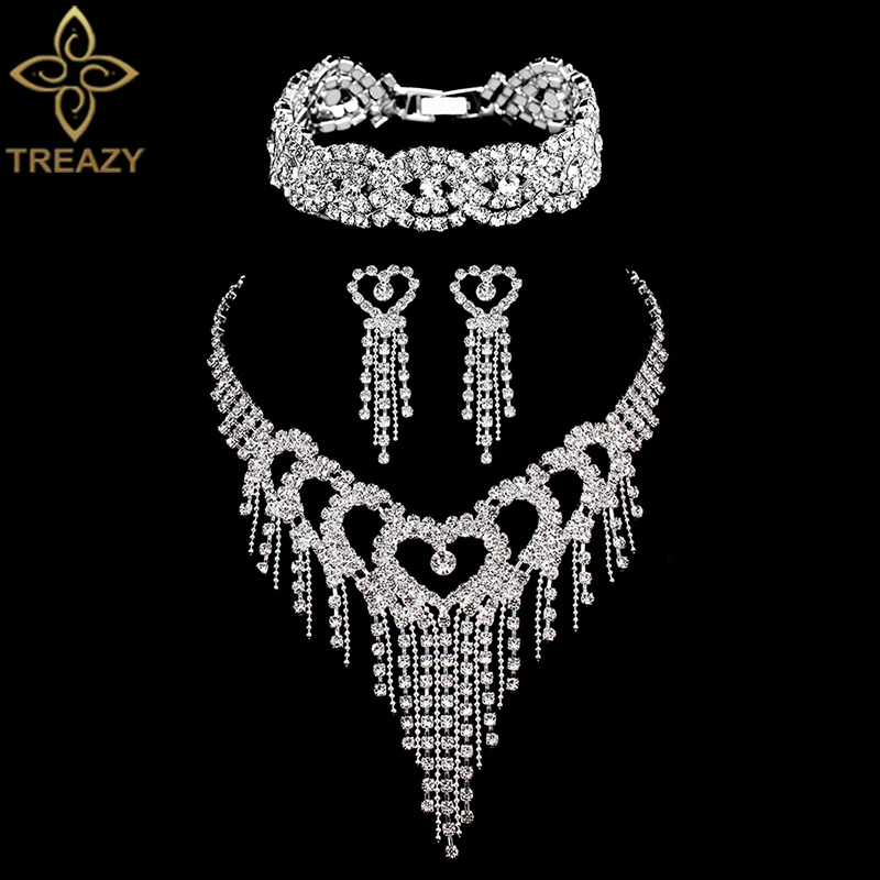 TREAZY Luxury Rhinestone Crystal Bridal Jewelry Sets for Women Heart Tassel Necklace Earrings Bracelet Set Wedding Jewelry Gifts
