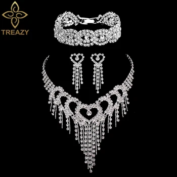 TREAZY Luxury Rhinestone Crystal Bridal Jewelry Sets for Women Heart Tassel Necklace Earrings Bracelet Set Wedding Jewelry Gifts