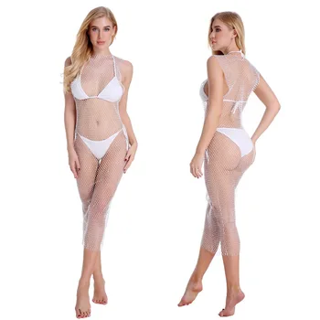 

Sexy O-Neck Fishnet Cover Up Crystal Mesh Dress Women Summer Hollow Out See Through Bodycon Beach Dress Vestidos