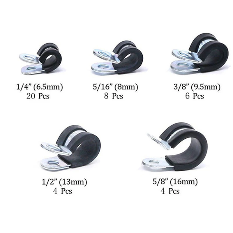 

48pcs 5 Sizes Stainless Steel Rubber Lined P Cable Clips Hose Pipe Clamps Supply