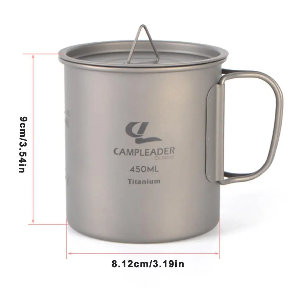 450ML Outdoor Portable Water Cup Tea Coffee Mug Folding Handle Drinking Cup Pure Titanium Water Cup With Lid For Camping Hiking