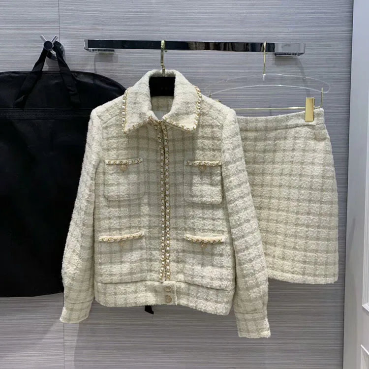 Высококачественная Женская твидовая куртка, пальто, женская Повседневная Верхняя одежда с цепочками, юбка, комплект из 2 предметов, 2 цвета, tclai - Color: White