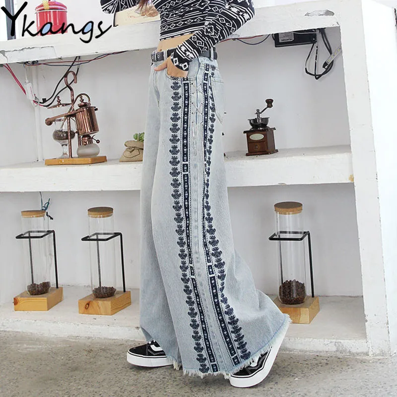 Ethnic Embroidery Women Denim Pants Plus Size Chain Loose Full Long Wide Leg Jeans Large All-match Casual Female Streetwear | Женская