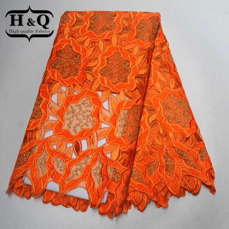 

H&Q Orange African Lace Fabric With Stones 5 Yards/pcs Embroidery Velvet Lace Hollow Design French Tulle Fabric For Party Dress