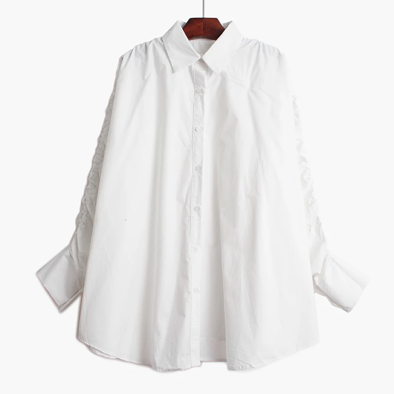 [EAM] Women Pleated Striped Big Size Blouse New Lapel Long Sleeve Loose Fit Shirt Fashion Tide Spring Autumn 19A-a302