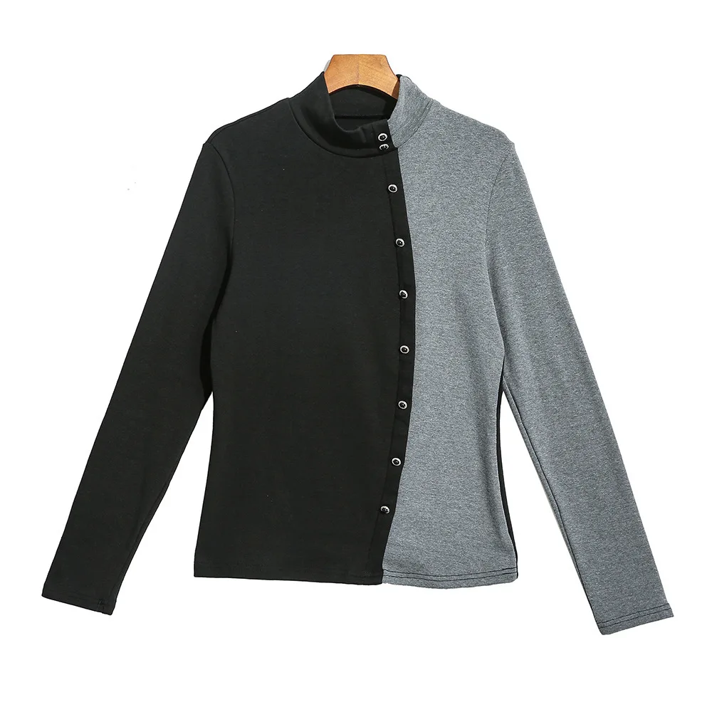 [EAM] Женская Черная футболка контрастного цвета на пуговицах с разрезом, новая модная футболка с воротником-стойкой и длинным рукавом, весна-осень, 1H150 - Цвет: gray