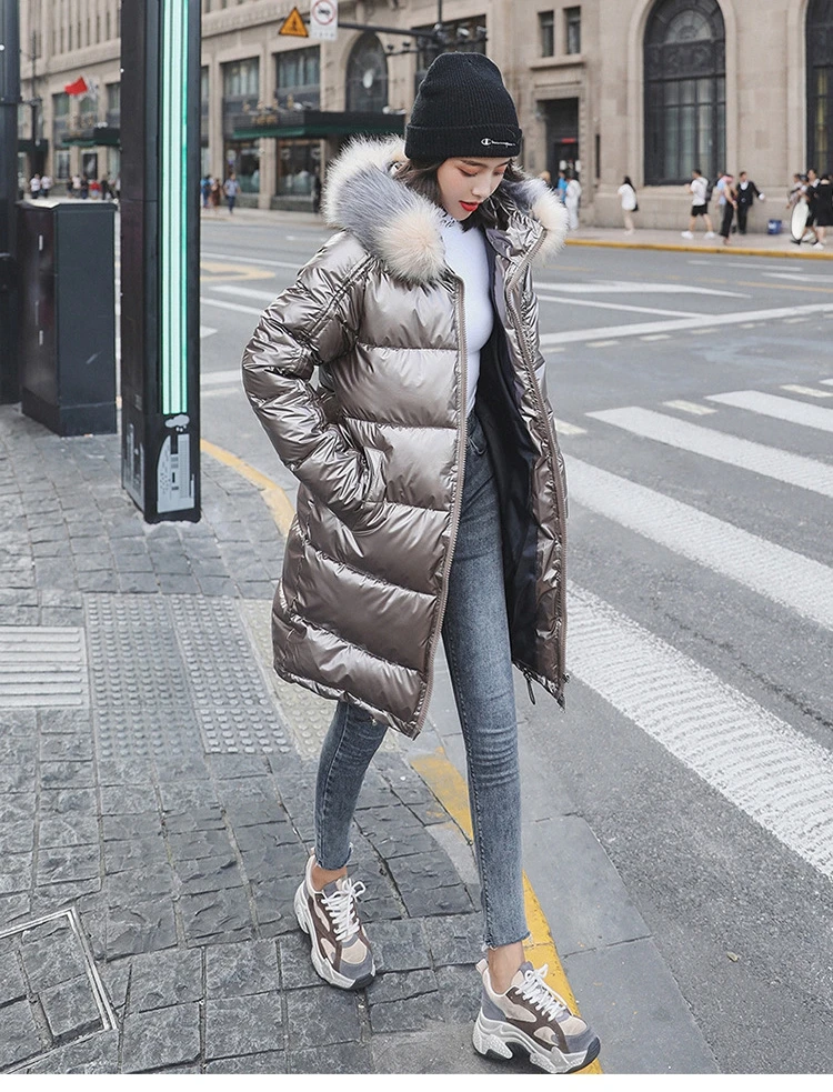New Fashion Waterproof Glossy Down Parkas Womens Winter Jackets Warm Big Fur Collar Windproof Ladies Medium Long Hooded Coats