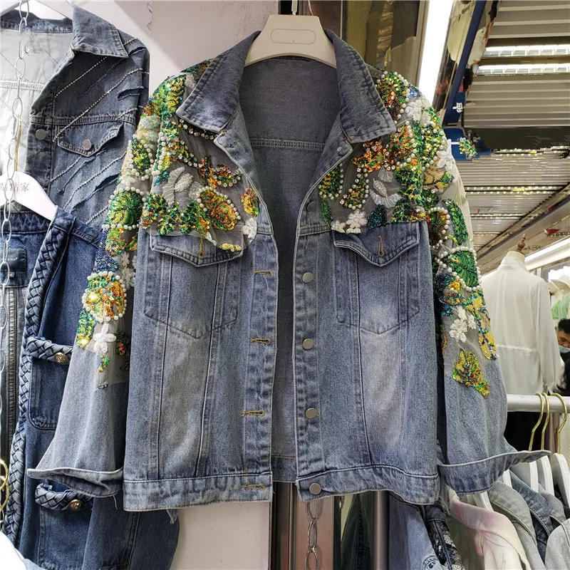 

Fashion Beading Diamond Lace Splicing Denim Jacket Coat Women Long Sleeve Outerwear 2023 Autumn Loose Short Jeans Jacket Female