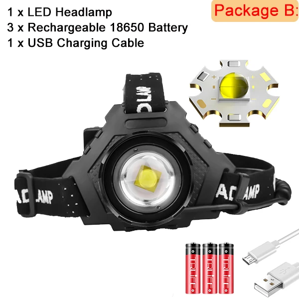 Package B XHP70 светодиодный налобный фонарь 18650 налобный светильник наибольшая мощность 32 Вт USB налобный фонарь Zoom power Bank 7800 мАч алюминиевый походный рыболовный светильник - Испускаемый цвет: Package B