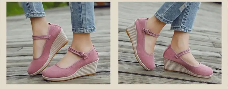 Chinese Style Button Strap Wedge Pumps for Women Retro Cotton Summer Shoes Ladies Dress Espadrilles Vintage Female Sandals