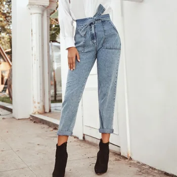 

New Women High Waist Denim Lace Up Bow Tie Jeans Straight Blue Loose Jeans Trousers Spring Winter Fashion Pockets Button Jeans