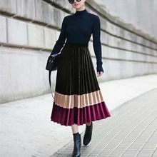 Женская контрастная цветная плиссированная эластичная Повседневная элегантная Макси-юбка с высокой талией модная женская повседневная детская юбка