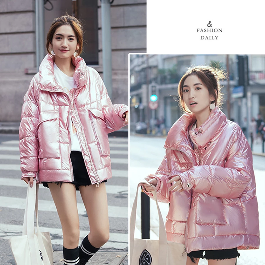 Zipper Reflective Winter Coat Women Glossy Pocket Loose Female Jackets Streetwear Parka Jacket Casacas Para Mujer Korean Outwear