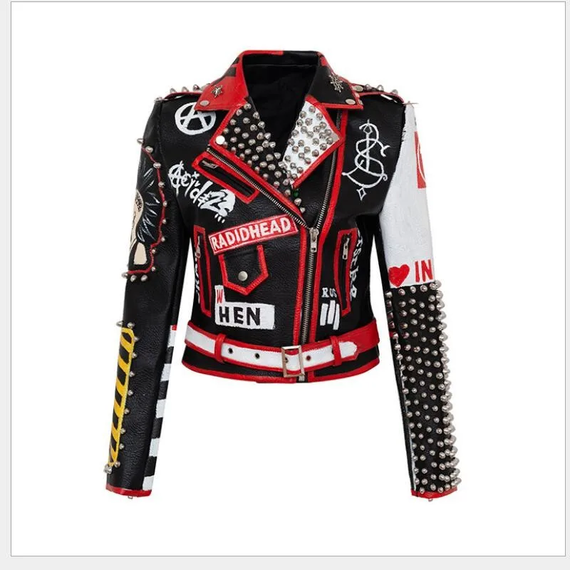 

New Fashion Women Clothing Graffiti Rivet Chain Pu Leather Jacket Printing Sticthing Coat Punk Rock Singer Stage Costumes S-3XL