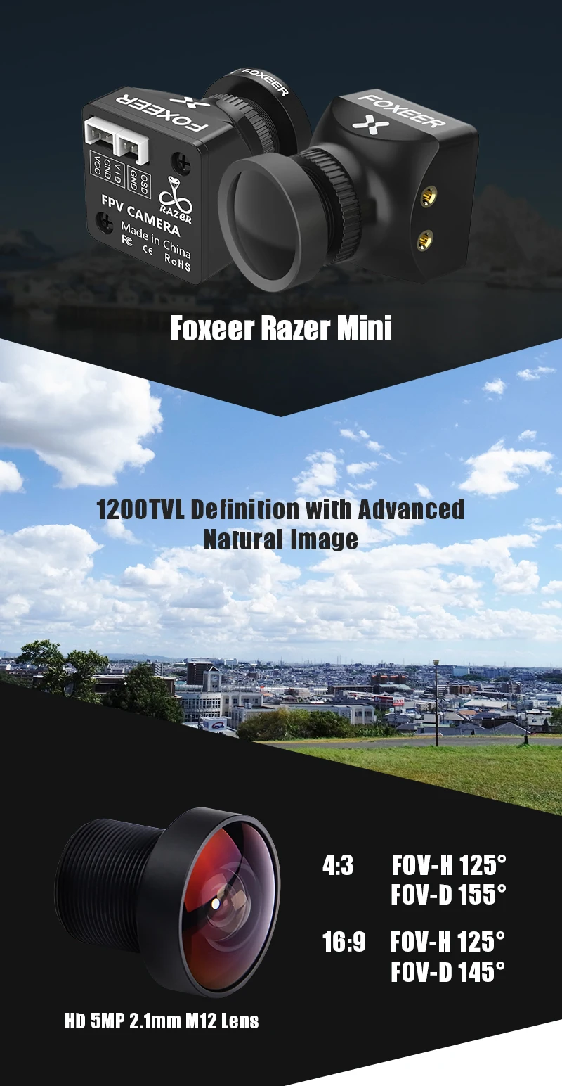 Foxeer razer Mini HD 5MP 2,1 мм M12 1200TVL PAL NTSC 4'3 16'9 FPV камера с OSD 4,5-25 V естественное изображение для RC FPV гоночный Дрон