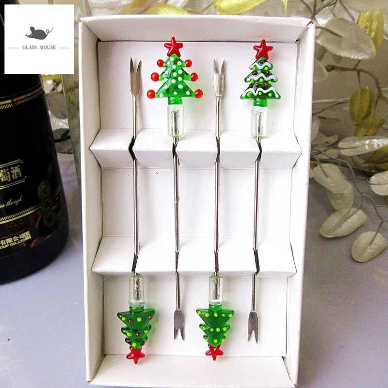 

Creative handmade murano glass christmas tree fruit fork set miniature tableware stainless steel Cocktail Cake dessert sticks