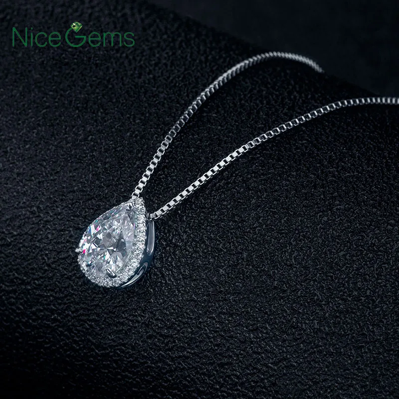 NiceGems твердая 14K 585 белая Золотая груша 2.1ct Halo Moissanite подвеска-ожерелье 18 дюймов цепочка для женщин ювелирные украшения