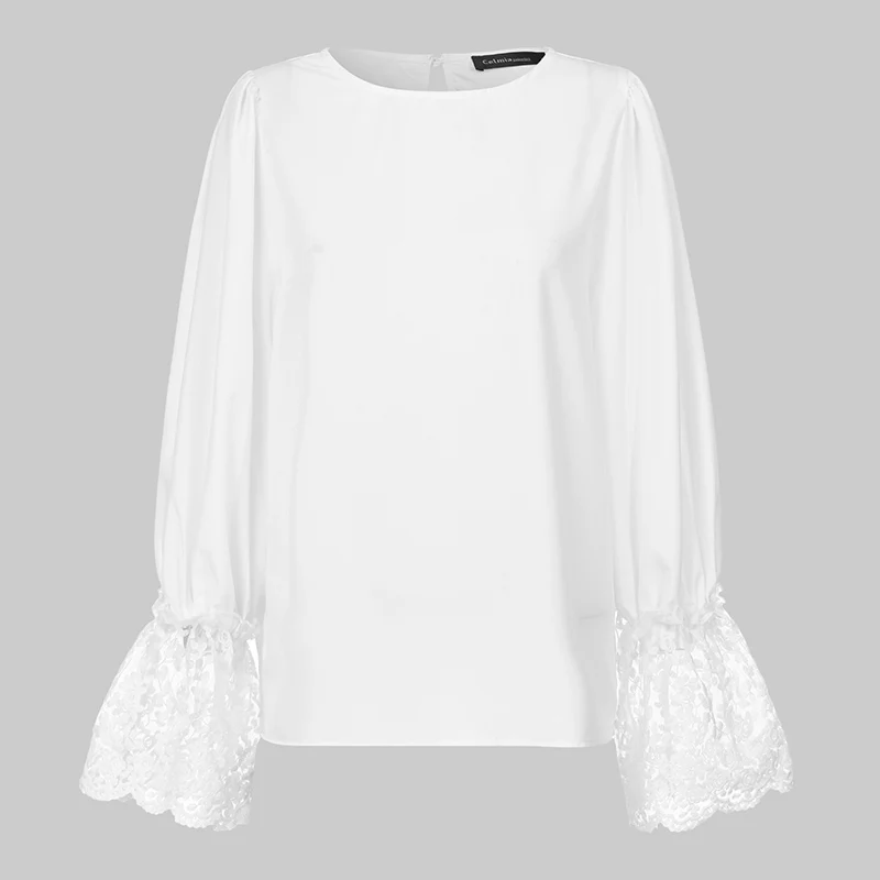 Celmia элегантные женские шифоновые блузки осенние женские кружевные рубашки с расклешенными рукавами рабочие Топы повседневные модные блузы Femininas S-5XL - Цвет: Белый