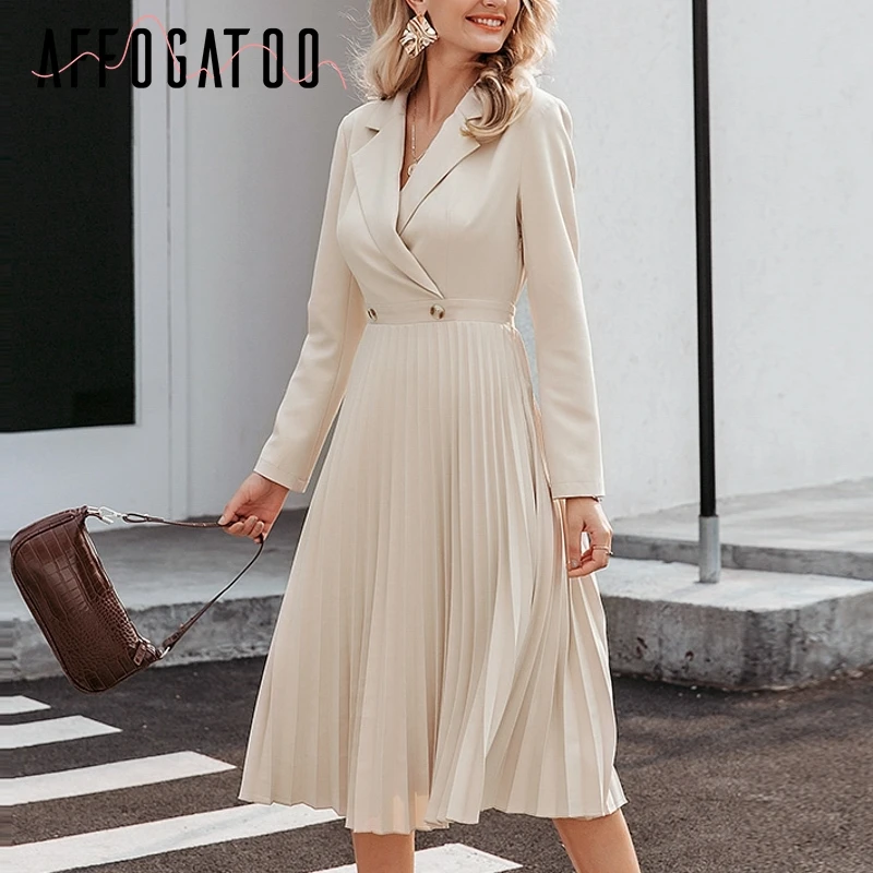 Affogatoo Elegant office ladies solid long dress Sexy chic pleated party dress women Streetwear vintage long sleeve autumn dress