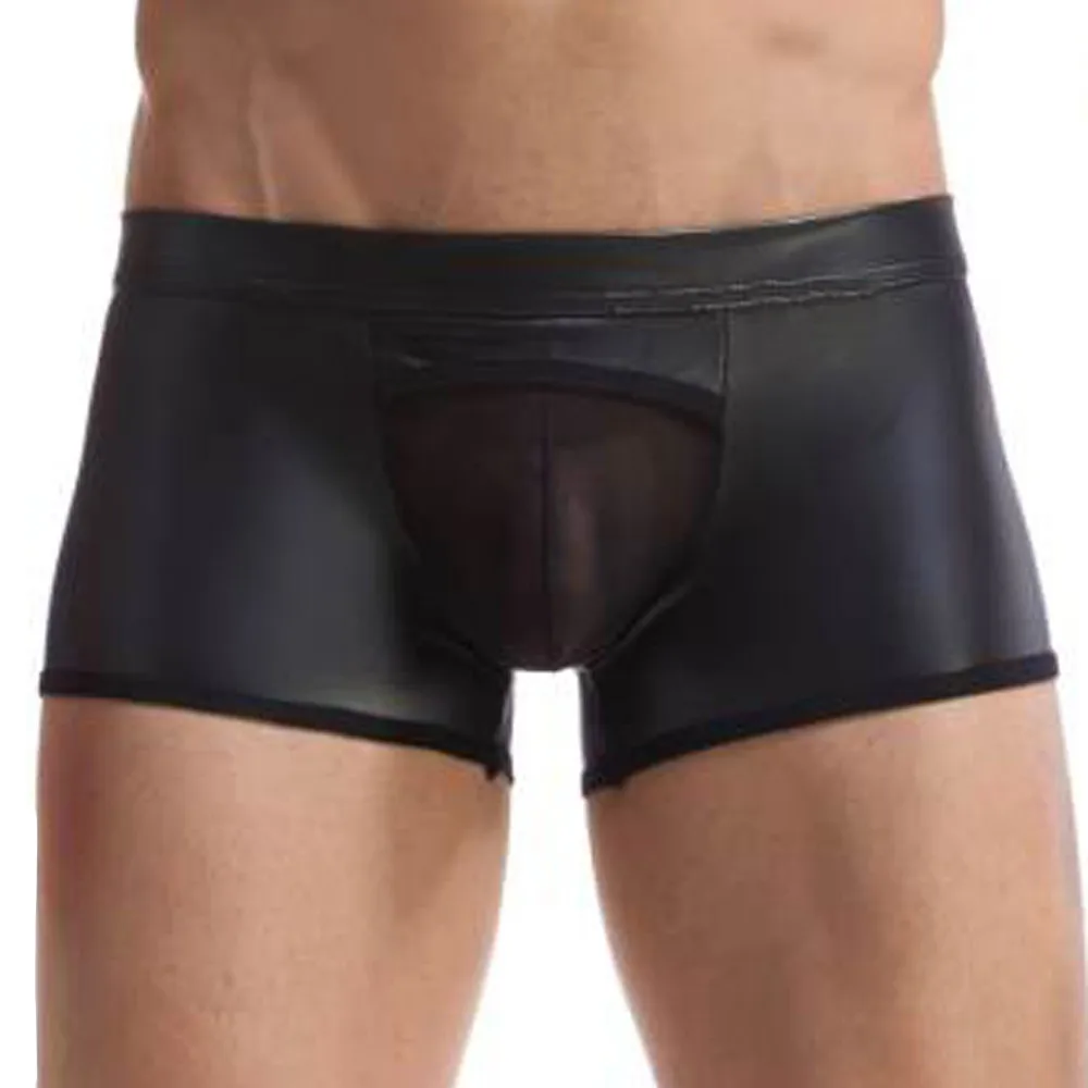 Mens Sexy Gay Underwear Mesh patchwork Transparent See Through Leather Rings Lacquer Male Panties penis Sexy Underpants cueca