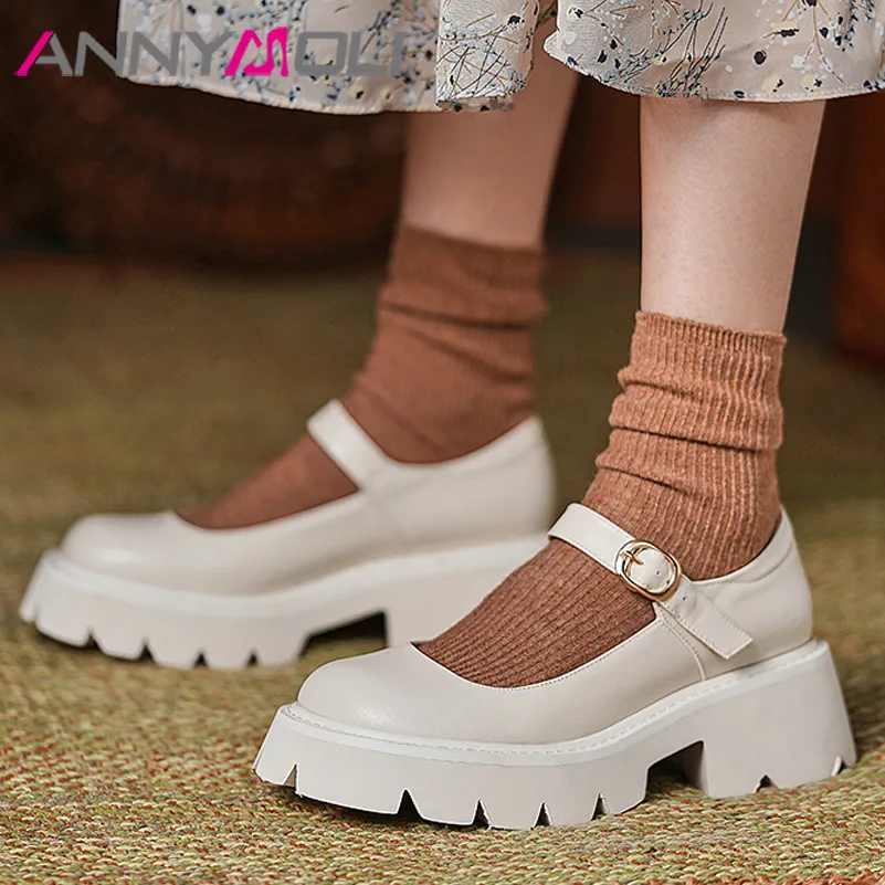 

Туфли-лодочки ANNYMOLI женские из натуральной кожи, Туфли Мэри Джейн на платформе и высоком блочном каблуке, весенняя обувь с пряжкой и ремешком