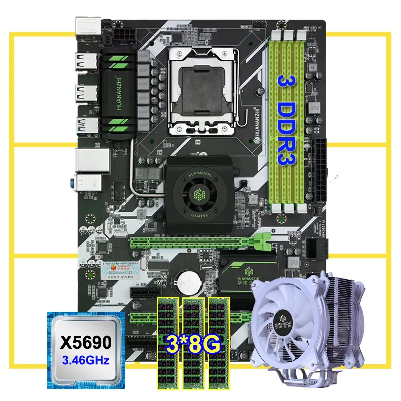 Материнская плата HUANANZHI Deluxe X58 LGA1366 с 3 слотами ОЗУ процессор Xeon X5690 кулером большой