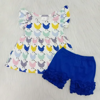 

Girls boutique outfits summer baby clothing kids clothes chicken royal blue color icing ruffle shorts rts drop ship children set