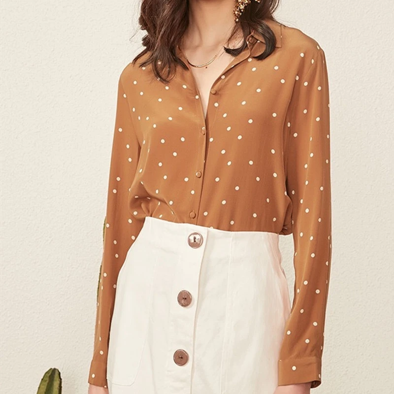 Caramel Colour Новая весенняя женская рубашка в горошек, шелк, короткие рубашки с длинным рукавом, однобортная винтажная Элегантная блузка мягкого размера плюс, дикая одежда - Цвет: Caramel Colour