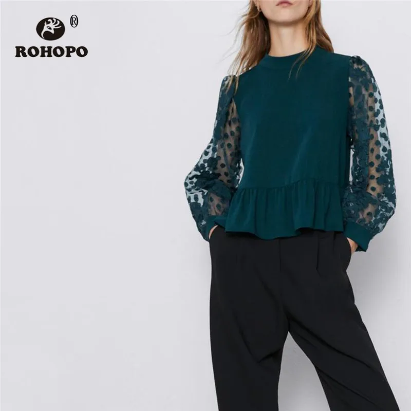 ROHOPO Polk точка Тюль Puff с длинным рукавом зеленая блузка круглый воротник оборки