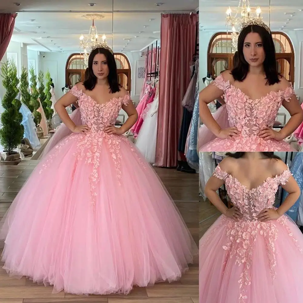 ANGELSBRIDEP Off-Shoulder Ball Gown Quinceanera Dresses 15 Party Formal Applique Handlemake Flower Tulle Princess Birthday Gown