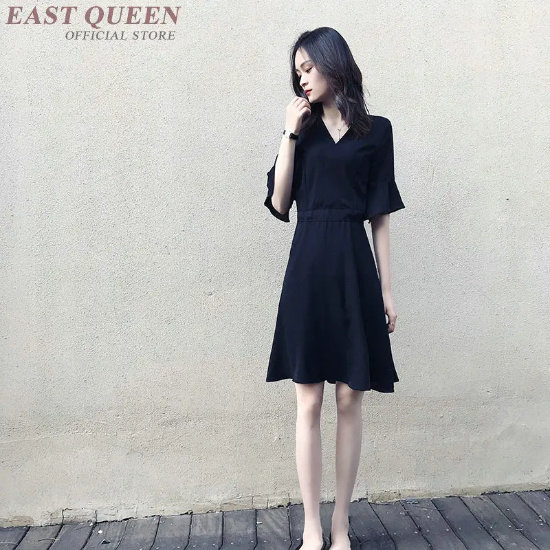 Black Casual Dresses For Women Chiffon V Neck Dress Mid Long A Line Dress Party Korean Summer Dresses DD2251 - Color: 1