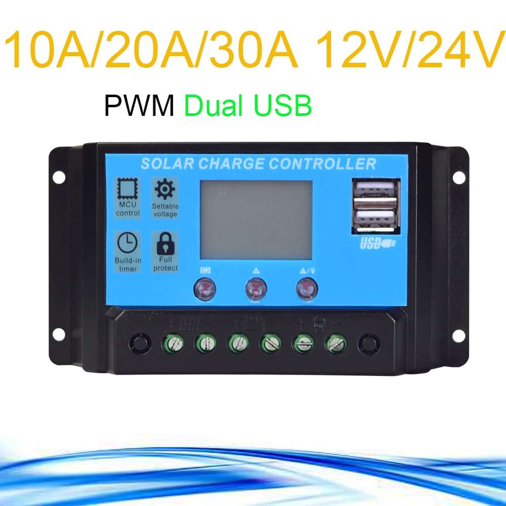 30A/20A/10A 12В 24В Авто Контроллер заряда PWM с ЖК дисплеем двойной USB 5 В выход панели