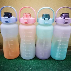 2L Gradient Color Water Cup Bouncing Large Straw Men and Women Portable Outdoor Plastic Sports Water Cup Frosted Cup