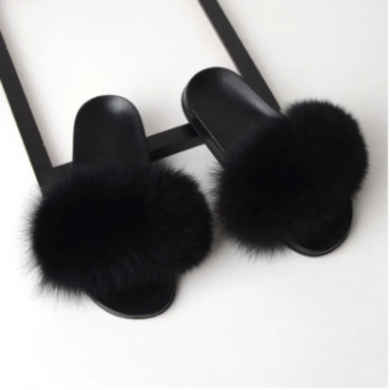 

2019 fur female slippers women real fox fur slide furry flat sandals cute fluffy house shoes female models furry flip flops