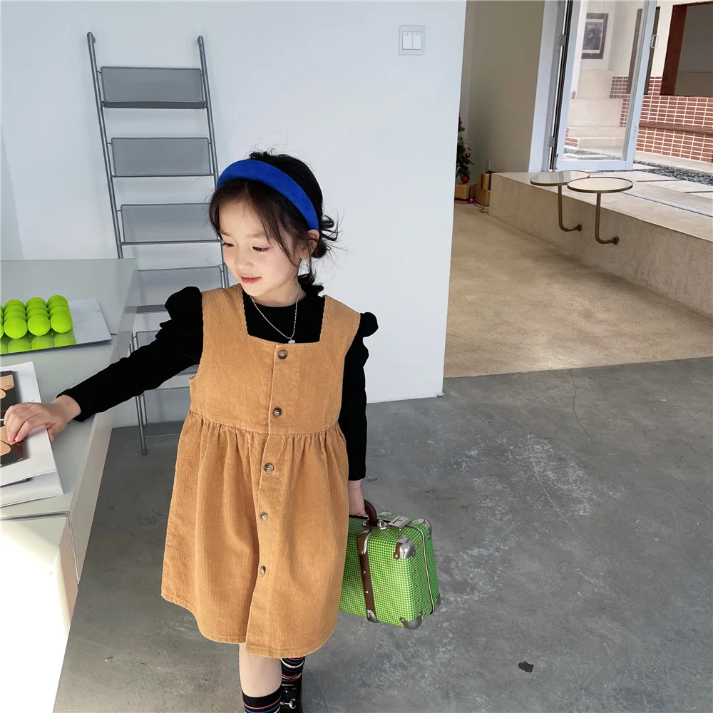Spring 2022 girls solid color corduroy overalls dress square collar sleeveless single-breasted suspender | Детская одежда и обувь
