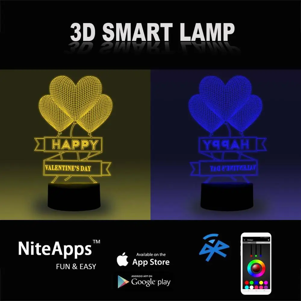 NiteApps 3D Счастливый День святого Валентина ночник настольная Иллюзия украшение лампа подарок на день рождения приложение/сенсорный контроль