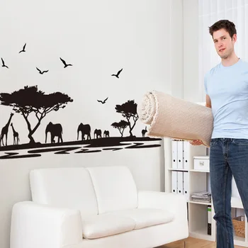 

New 75*160cm African Savannah Animal Living Room Decoration Wall Sticker Big Tree Forest Birds Wall Decals 3d Wall Art