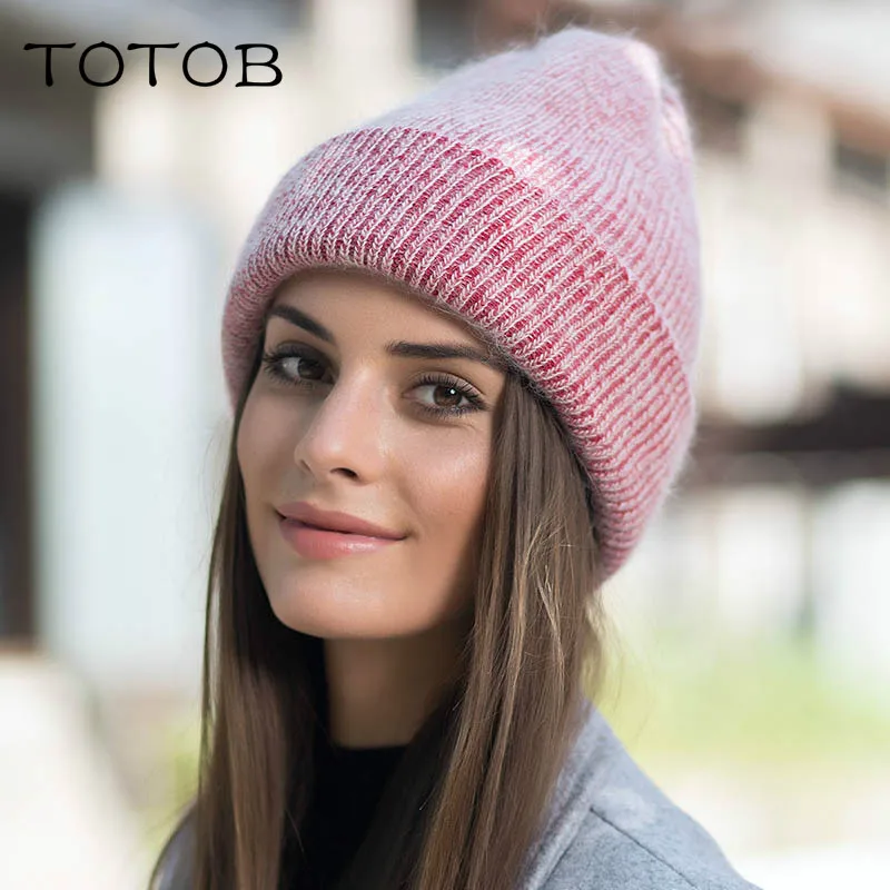 

Angora rabbit fur knit hat female winter solid color rabbit fur hat European and American trend wild simple warm knit cap