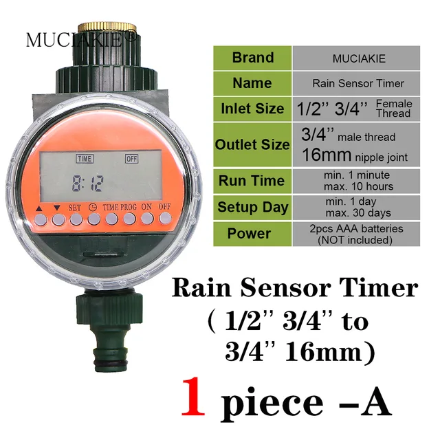 MUCIAKIE 5 Types of Garden Water Timer Rain Sensor Solar LCD Double Dial Controller Watering Irrigation 1/2'' 3/4'' Tap Joint 2