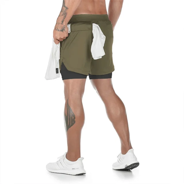 2021 Camo Running Shorts Men 2 In 1 Double-deck Quick Dry GYM Sport Shorts Fitness Jogging Workout Shorts Men Sports Short Pants green-Black