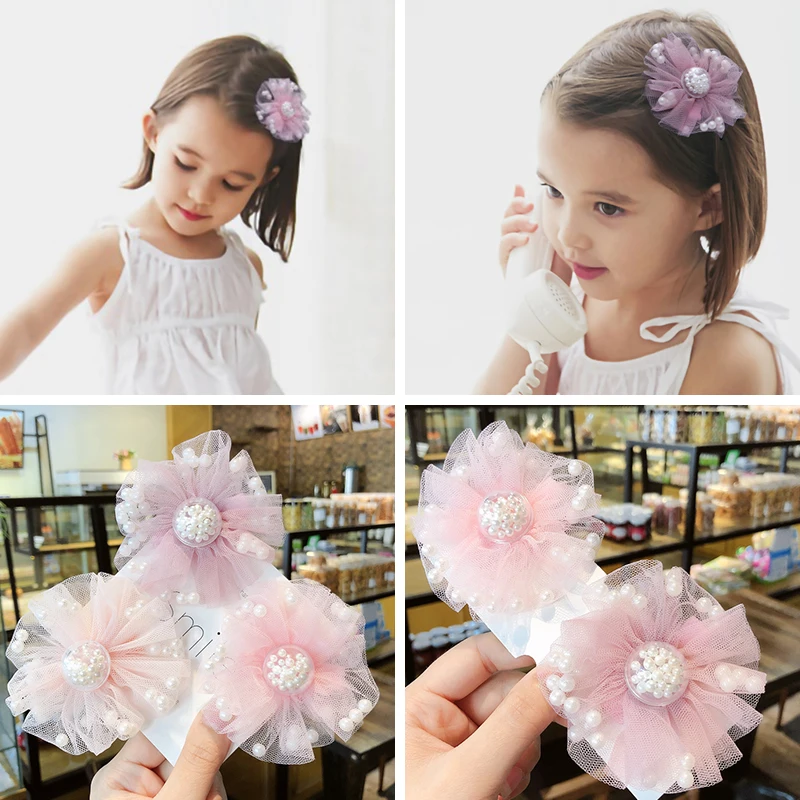 

M MISM 3inch Lace Pearls Flower Hairpins Pink Duckbill Clips For Girls Cute Hair Accessories for Kids Design Baby Safe Hair Clip