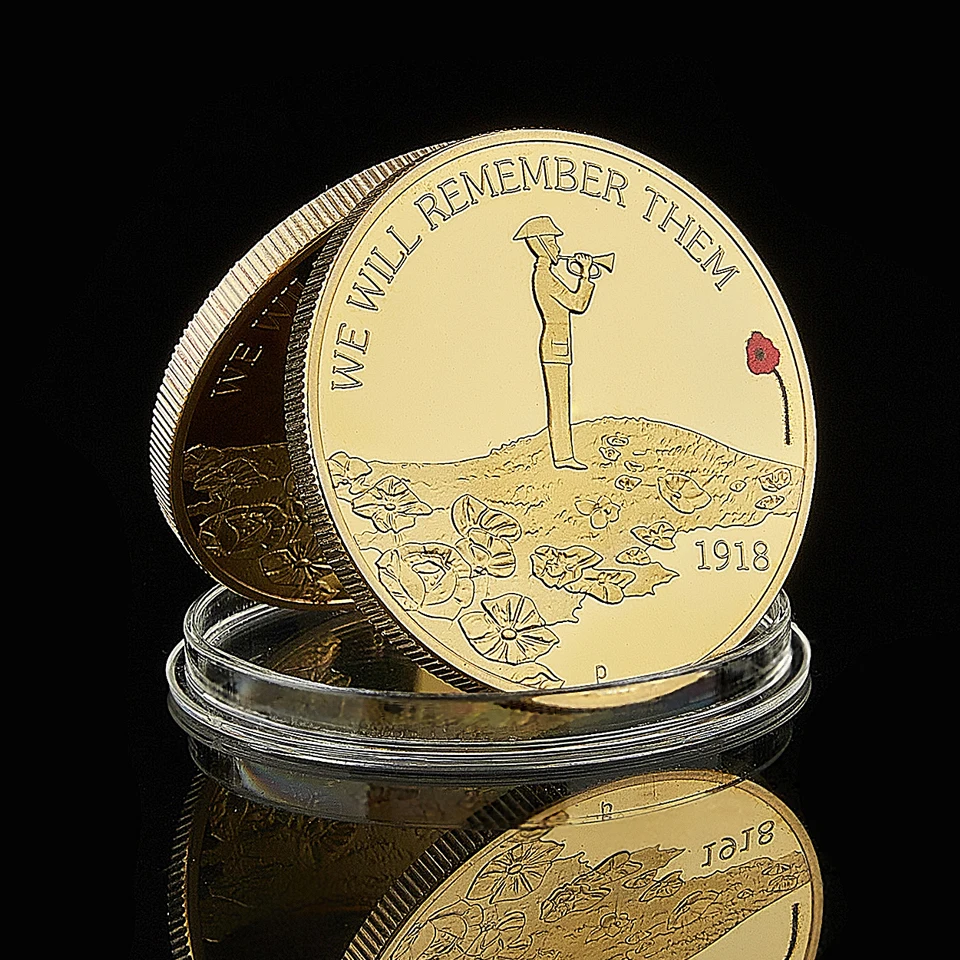 1918 We Will Remember Them Elizabeth II Colored Gold Plated Souvenir Token Coin